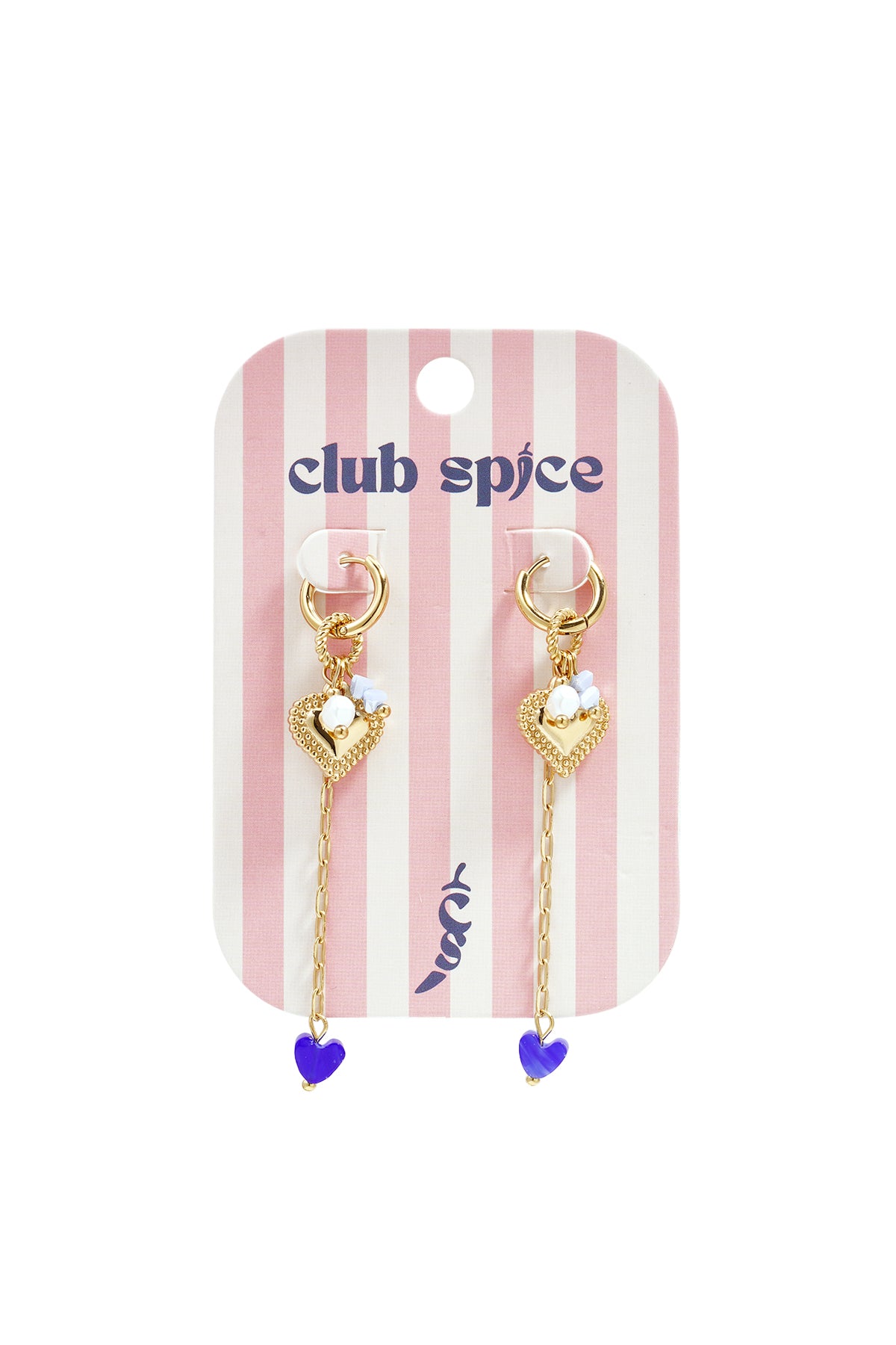 Small hoop earrings with long chain, heart and beads