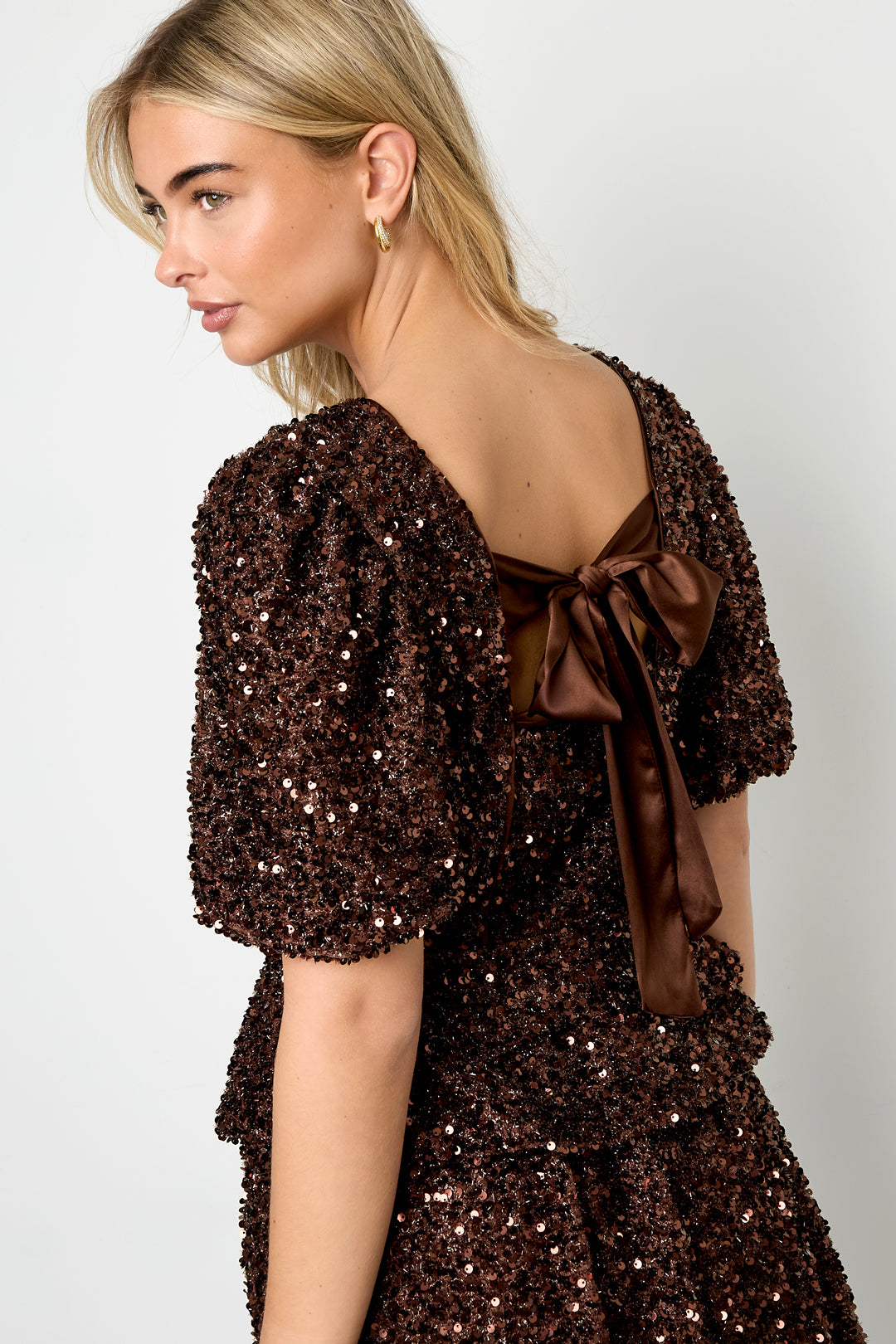 Woven Polyester Fiber Women's Short Sleeve Tops Elegant Sequins