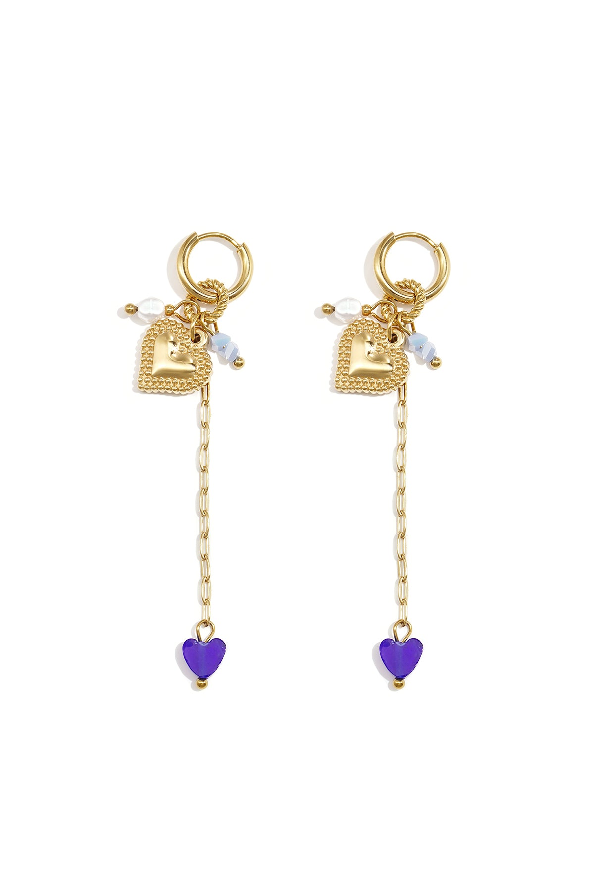 Small hoop earrings with long chain, heart and beads
